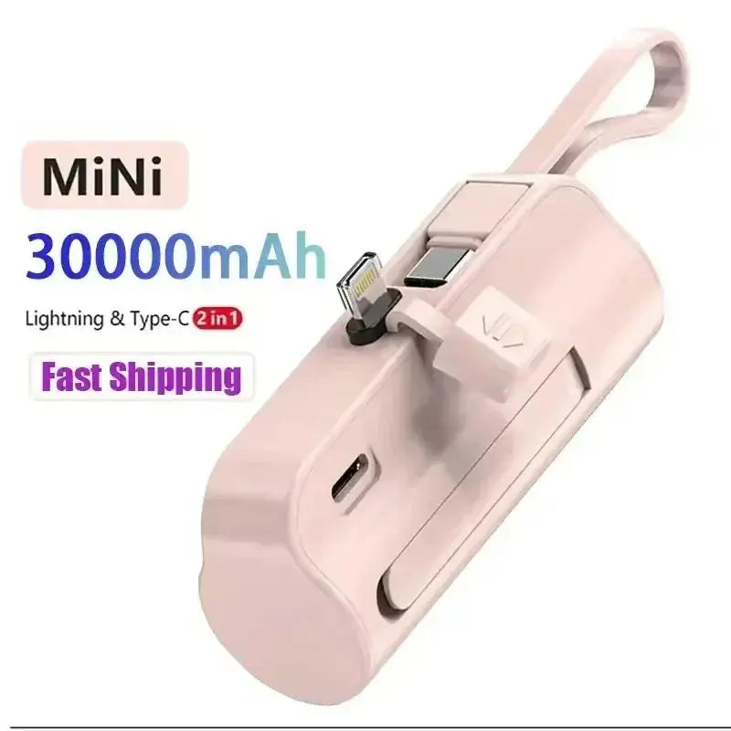 Mini Power Bank 30000Mah Built in Cable 2 in 1 Power Bank Battery Portable Charger for Iphone Samsung Xiaomi Spare Power Bank