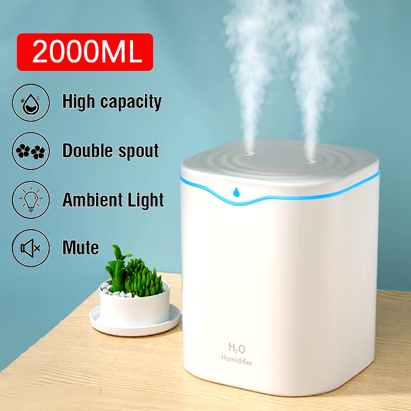 New 2000ML USB Air Humidifier Double Spray Port Essential Oil Aromatherapy Diffuser Cool Mist Maker Fogger for Home Office